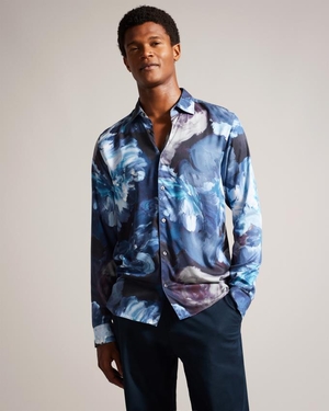 Chemises Ted Baker Long Sleeve Floral Turquoise Bleu Homme | REC-20138047